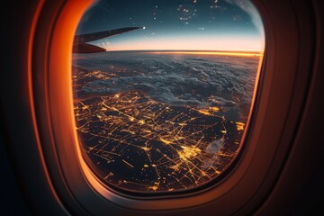 City lights glittering below as seen from an airplane window during nighttime travel, showcasing...