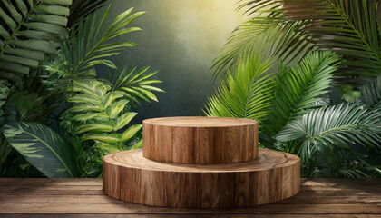 Tropical Flair: Wood Podium 3D Render Decorated with Greenery for Product Presentation