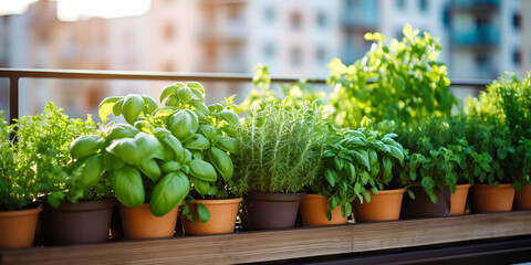 
Urban Garden on an Eco-Friendly Balcony Featuring Rosemary. Balcony garden with potted herbs and vegetables ready to be harvested - obrazy, fototapety, plakaty
