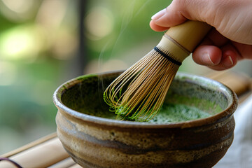 A hand mixing matcha with a bamboo whisk (chasen) in a Japanese ceramic bowl