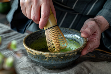 A hand mixing matcha with a bamboo whisk (chasen) in a Japanese ceramic bowl