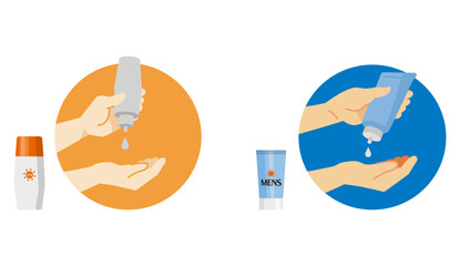 日焼け止めと、日焼け止めを塗る男性と女性の手のイラストセット。シンプルで明るいタッチ。