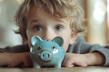 a child who saves his money and puts it in a giant money-saving piggy bank - obrazy, fototapety, plakaty
