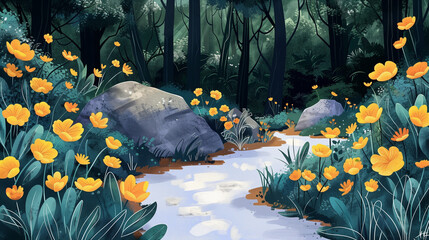 illustration of a river, yellow flowers in nature, beautiful river landscape with rocks and yellow flowers