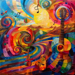 An abstract art piece with a symphony of guitars, musical notes, and swirling patterns in a kaleidoscope of colors.