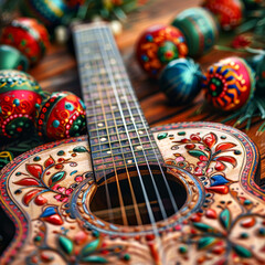 A close-up of a beautifully hand-painted acoustic guitar adorned with intricate designs, alongside decorative festive spheres.