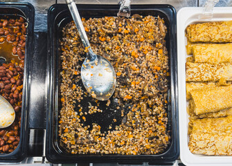 Mushroom dishes on display in a market