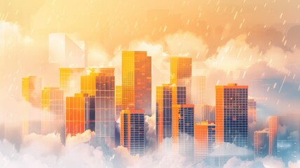 modern buildings in a city with cloudy backgrounds, in the style of light orange and amber, mist, snow scenes, melting pots, golden light