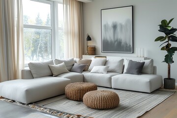Fototapeta premium Modern interior of open space with design modular Neutral living room.sofa, furniture, wooden coffee tables, plaid, pillows, tropical plants and elegant personal accessories in stylish home decor. 