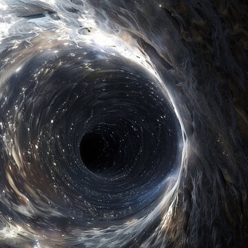 a picture of a portal in time and space. black hole, black and silver, two dimensional.