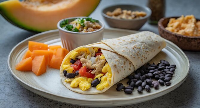 Breakfast Wrap Made With Whole Wheat Tortillas, Scrambled Eggs, Black Beans