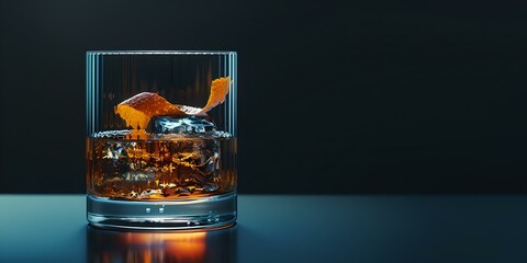 Elegant whiskey glass on dark background, drink concept with ice cubes. luxurious alcoholic beverage. modern classy lifestyle. AI - obrazy, fototapety, plakaty