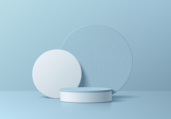 3D background realistic blue, white podium pedestal with round circles overlap scene. Platforms mockup product display presentation. Abstract geometric composition in minimal design. Stage showcase.