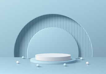 3D background with blue, white podium product display in semi circle gate and sphere ball scene. Platforms mockup product display presentation. Abstract composition in minimal design. Stage showcase.