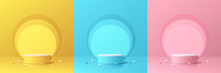 Set of 3d yellow, blue, pink and white cylinder pedestal podium with layer circles background scene. Abstract composition in minimal design. Platforms cosmetic product presentation. Stage showcase.