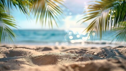 Fototapeta na wymiar Sand with blurred Palm and tropical beach bokeh background, Summer vacation and travel concept