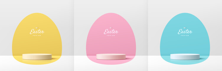 Set of 3D happy easter day background with white podium on yellow, blue, pink frames oval egg shape backdrop. Pastel minimal abstract room. Mockup product display. Geometric platforms. Stage showcase.