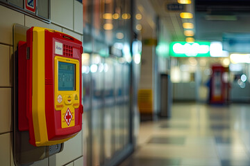 an automated external defibrillator (AED) in a public place - obrazy, fototapety, plakaty