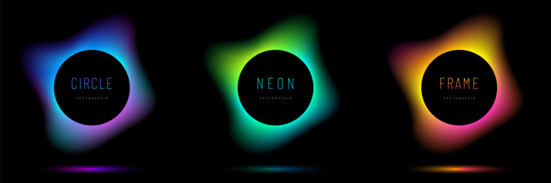 Collection of glowing neon lighting round frame isolated on background. Blue, red-purple, green illuminate frames design. Abstract cosmic gradient color with copy space. Top view futuristic style.