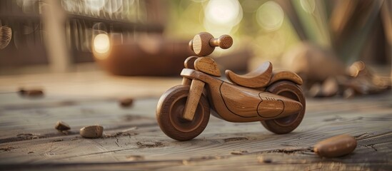 A small wooden toy motorcycle is placed on top of a wooden floor. The motorcycle features intricate details and craftsmanship, creating a charming display of craftsmanship.