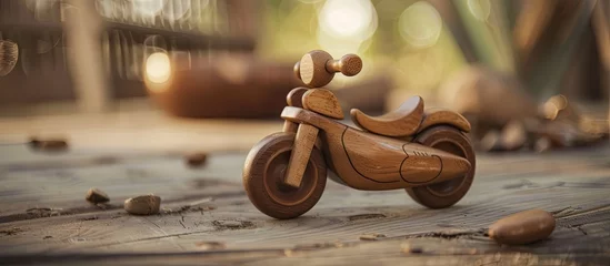 Rucksack A small wooden toy motorcycle is placed on top of a wooden floor. The motorcycle features intricate details and craftsmanship, creating a charming display of craftsmanship. © 2rogan