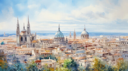 Obraz premium oil painting on canvas, View of Toledo Cathedral at sunrise, Spain.