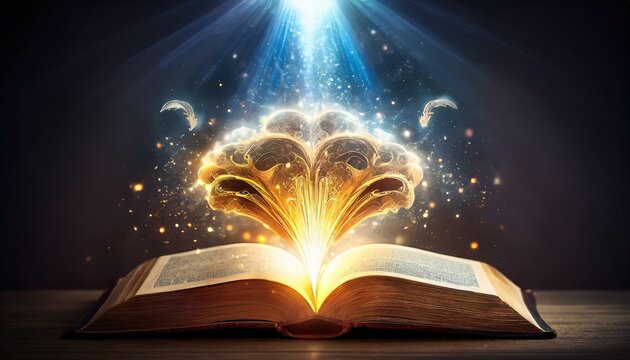 magic book and magic light, an open book with a glowing light coming out of it, a stock photo by Ram Chandra Shukla