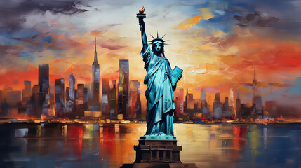 Fototapeta premium oil painting on canvas, The Statue of Liberty with One World Trade Center background, Landmarks of New York City, USA.