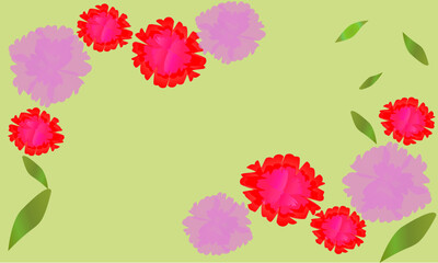 With a green background, there are pink and red carnations with light and dark colors and some leaves flying as decorations