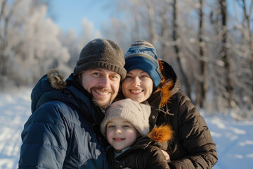 Fototapeta na wymiar Portrait of happy family in warm clothing in winter park outdoors