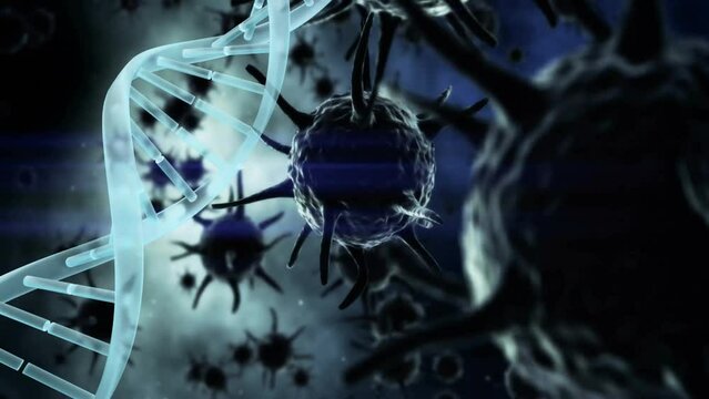 Animation of dna strand over virus cells on black background