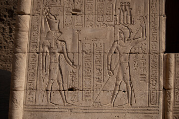 Ancient egyptian carvings and hieroglyphs at the temple of Horus in Edfu, Aswan, Egypt 