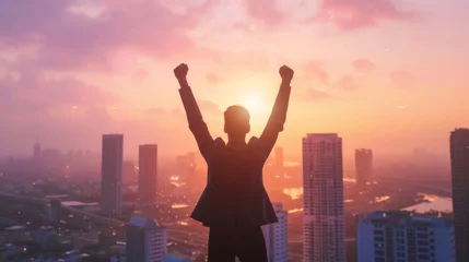 Foto op Plexiglas Silhouette of a businessman raising arms in victory atop building with hazy sunlit city in background © Vivid Pixels