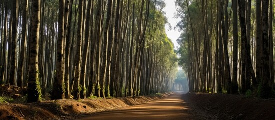 A dirt road winds its way through a dense forest of tall eucalyptus trees in Gudalur Ooty. The towering trees create a striking canopy overhead, casting dappled light on the rugged pathway.