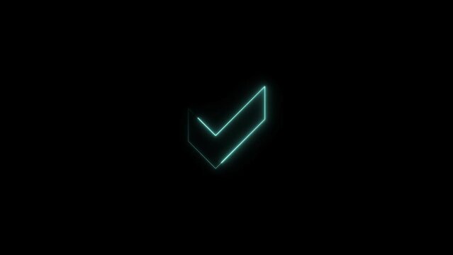 Check mark icon neon light deep cyan color form lines Animation. Black background UHD 4k video. 