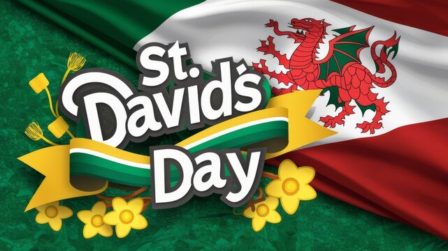 St Davids Day Banner - Illustration with Red Dragon flag and Yellow Daffodils