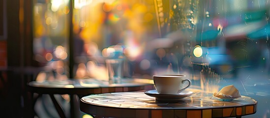 A cup of coffee sits on a table in front of a window, with abstract defocused bokeh creating a warm and inviting coffee shop ambiance. The sunlight streams through the window, illuminating the scene.
