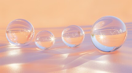Image of large transparent glass balls on a peach-colored background. Luxury trendy wallpapers. Generative AI