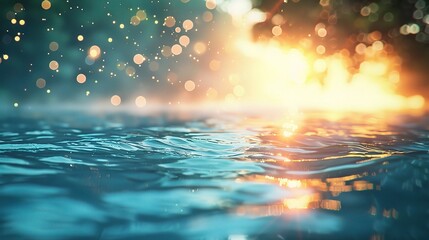 Soft focus bokeh light effects over a rippled, blue water background with lens flare - obrazy, fototapety, plakaty