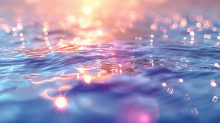 Soft focus bokeh light effects over a rippled, blue water background with lens flare - obrazy, fototapety, plakaty