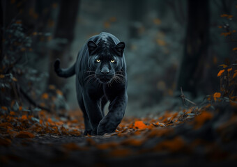 The Silent Stride of Elegance Among Autumn Leaves Captures the Black Panther in Its Solitary Hunt A Moment of Wild Beauty Frozen in Time by the Forest's Whisper