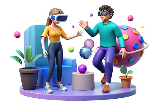 People wearing virtual reality glasses in virtual universe, generative AI