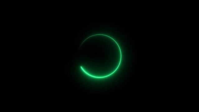 Turquoise circle neon light in rotation glowing animation. Black background 4k video.