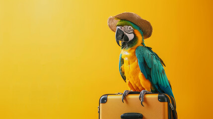 Parrot sitting on suitcase with sunglasses preparing for summer trip. Creative vacation concept.
