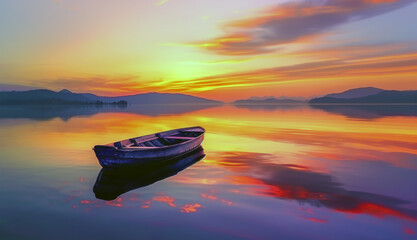 Serenity Unfolds in Vivid Hues as a Lonely Boat Rests on Calm Waters Witnessing the Grandeur of Sunrise Over the Mountain Range Reflecting Nature's Canvas