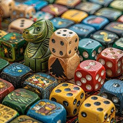 A variety of board game pieces arranged in the background. - obrazy, fototapety, plakaty