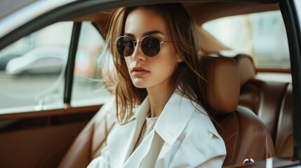 Stylish female model wearing a white trench coat and sunglasses sits in a brown luxury car