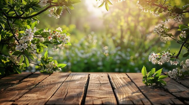 Spring beautiful background with green lush young foliage and flowering branches with an empty wooden table on nature outdoors