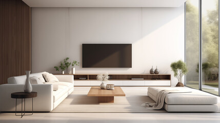 Fototapeta na wymiar Stylish Minimalist Living Room with Natural Light and Open Space Concept