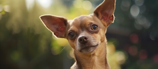 A small brown dog with large ears is facing the camera, appearing curious and attentive. The dogs expressive eyes and furry coat add to its charming appearance.